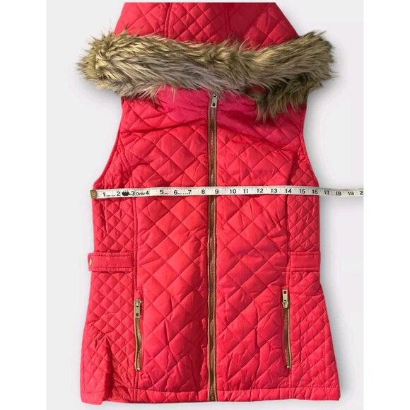 C'ESTTOI Womens Sz M Hooded Puffer Vest Detachable Faux Fur Hood Pink/Orange - Picture 6 of 7